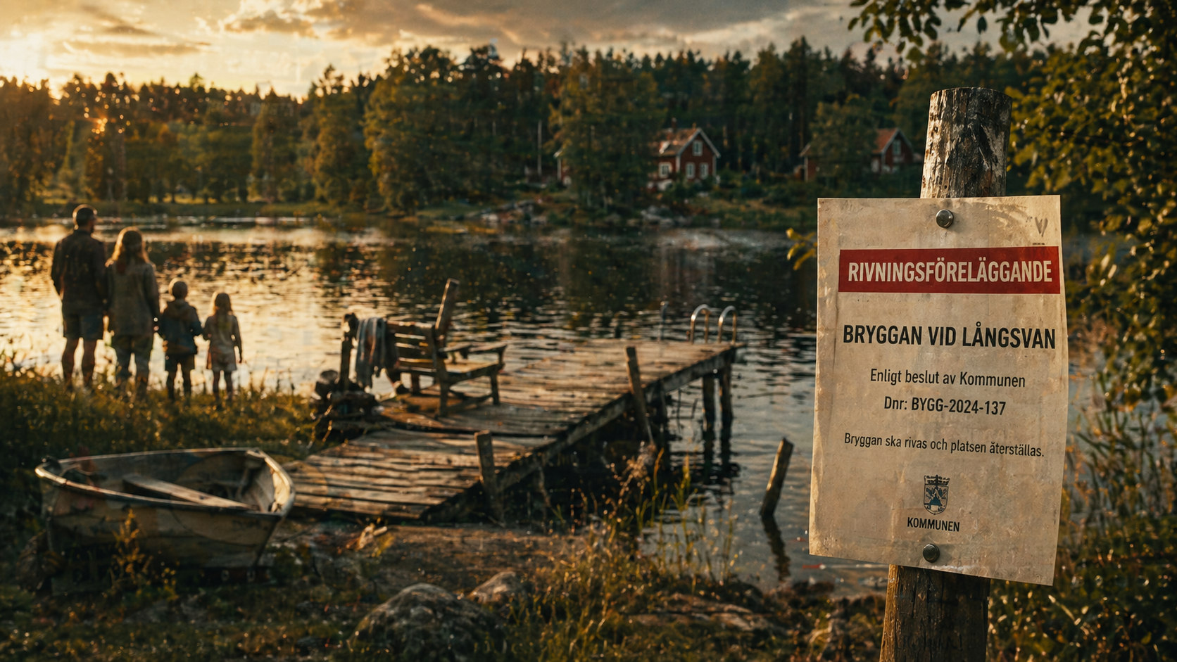 Brygga vid sjö med rivningsförelÀggande i varm landsbygdsstil.